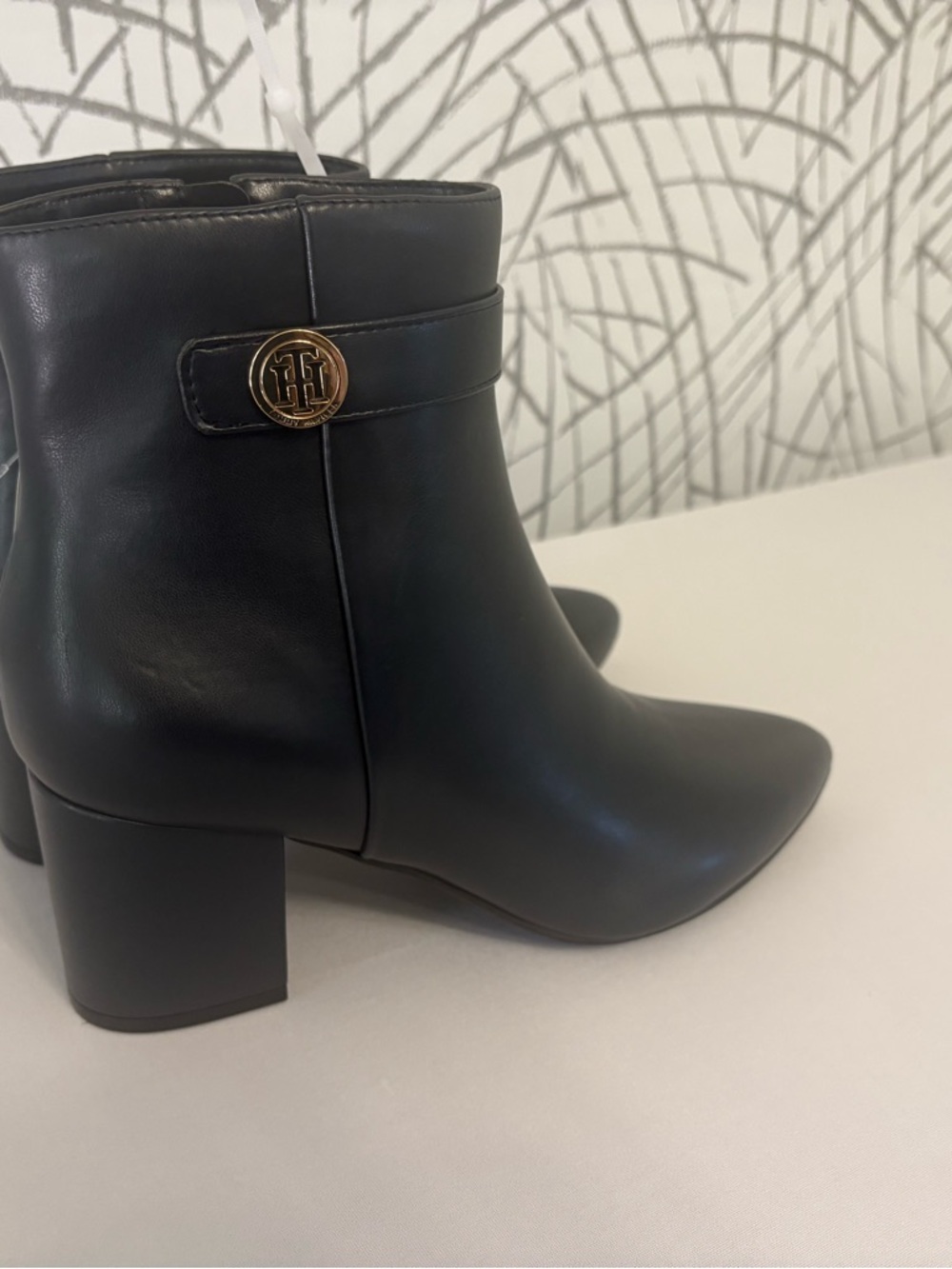 Tommy Hilfiger Herxi Navy Boots Featuring a Pointed Toe, Block Heel, Gold Logo.